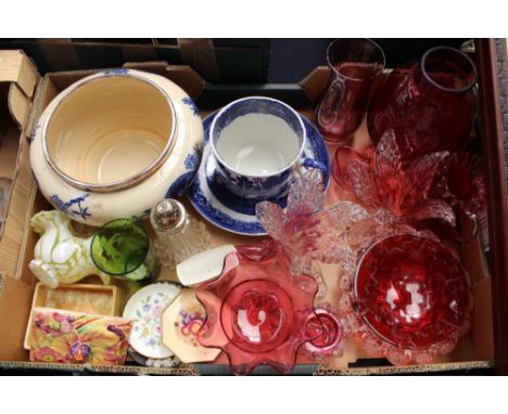 A box of assorted Victorian cranberry wares; together with a Doulton Burslem Willow pattern breakfast tea cup and saucer and 