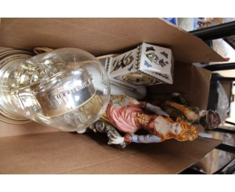 two Capo di Monte figures, a Portmeirion mantle clock, Rhythm quartz dome clock, Royal Albert Country Constance operational t