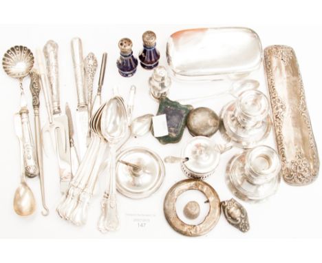 A bag of assorted silver, white metal and plate, including an Irish Victorian silver condiment spoon, a pair of George V dwar