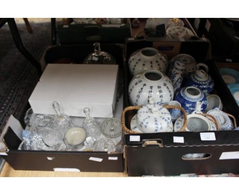 Two boxes of 20th Century Oriental ceramics, including ginger jars and tea wares; together with glassware, resin and ceramic 