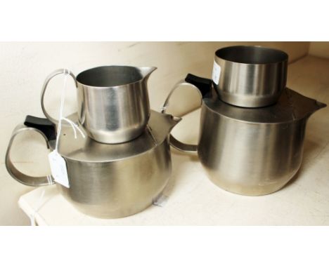 A 1965 Viners stainless steel tea service, comprising tea pot, hot water jug, milk jug and sugar bowl, designed by the marqui