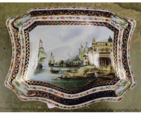 A hand painted ceramic box and hinged cover, floral pattern to outer edge, shipping part scene to cover, hand painted floral 