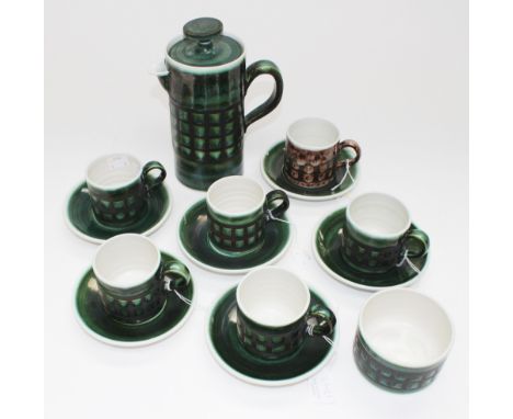An Iden, Rye pottery coffee set, circa 1960s, green glaze trellis pattern over unglazed black, including cups, saucers, coffe