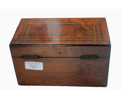 An inlaid tea caddy, having burr walnut veneer to lid, key in place 