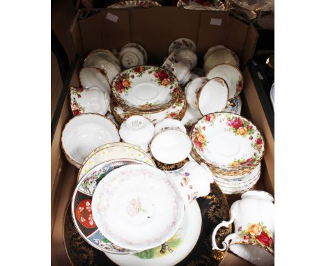 A Royal Albert Old Country Roses part tea service with a Royal Albert Lorraine part tea service, etc (one box) 