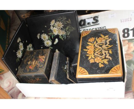 A box of Victorian and Edwardian lacquered items, including a photograph album, boxes, snuff box, etc 