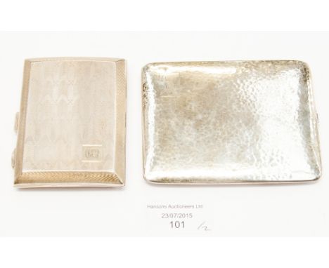 An Arts and Crafts style silver cigarette case, hand hammered form; together with a George V silver engine turned and concave