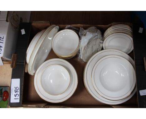 A Royal Worcester, Contessa dinner service, plain white with gold border, including dinner plates, side plates, sauces, bowls
