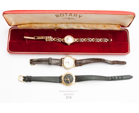 A ladies 9ct gold cased Rotary wristwatch with open link strap and two gilt metal ladies wristwatches 
