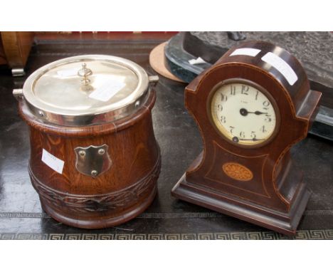 An Edwardian eight day mantle timepiece in mahogany and satin wood string case; together with barometer 