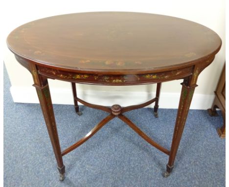 AN OVAL EDWARDIAN MAHOGANY OCCASIONAL TABLE, having hand painted floral basket central decoration and floral sprays to string