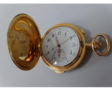 A FRENCH 18CT GOLD CASED FULL HUNTER CHRONOGRAPH QUARTER REPEATER POCKET WATCH, white enamel dial with Arabic numerals, subsi