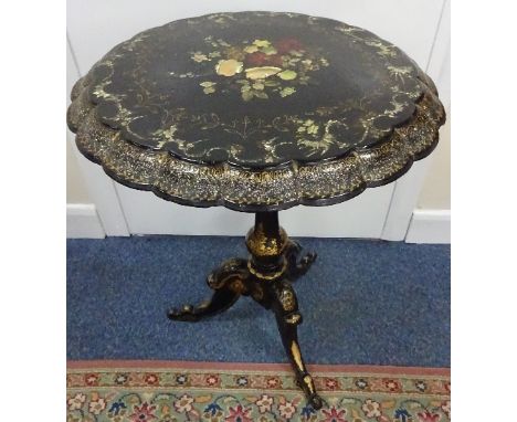 A VICTORIAN PAPIER MACHE SNAP TOP TRIPOD TABLE, the scalloped top having hand painted and pearlescent floral decoration over 