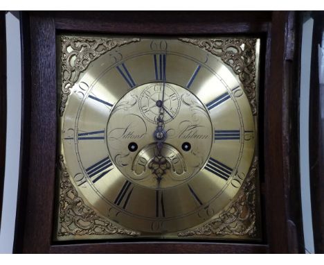 AN OAK EIGHT DAY LONG CASE CLOCK, having shaped cornice with eagle on ball finial, hood with column supports either side of d
