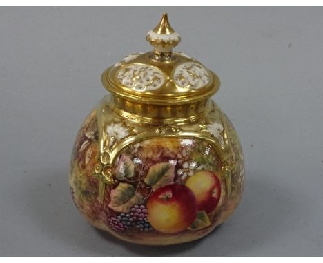 A ROYAL WORCESTER BULBOUS POT POURRI VASE AND COVER, hand painted with apples, peaches, grapes and blackberries, gilt detail 