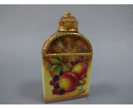 A ROYAL WORCESTER TEA CANISTER AND COVER, hand painted with apples, blackberries, plums and grapes to mossy bank, with gilt h