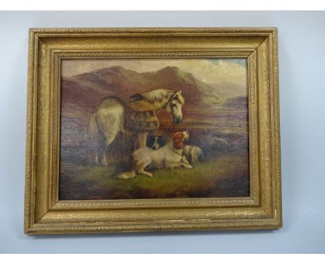 ROBERT CLEMINSON (active 1865-1903), a grey horse standing over resting dogs in mountainous landscape, oil on canvas, signed 