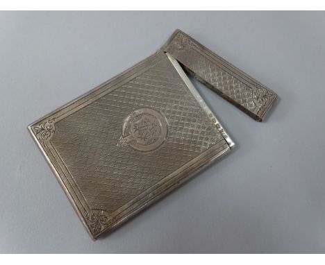 A SILVER CARD CASE, having engine turned diamond shape decoration, circular cartouche monogrammed SA, floral spandrels, Birmi