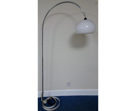 A RETRO CHROMED STANDARD LAMP, with spherical plastic shade, adjustable arch supported on double ring base, approximately 195