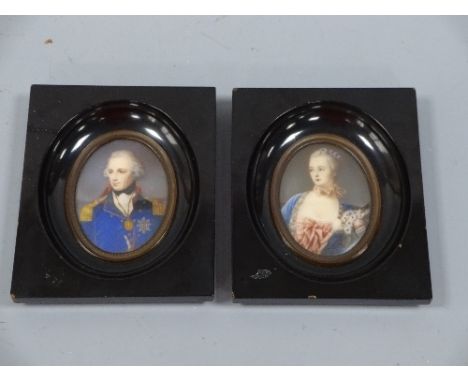 THREE OVAL PORTRAIT MINIATURES, Lord Nelson and female with flowers in ebonised frames each approximately 8cm x 5.5cm, togeth