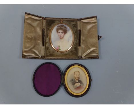 AN OVAL PORTRAIT MINIATURE, woman wearing pearl necklace with rose, in gilt metal frame, approximately 8cm x 6cm, together wi