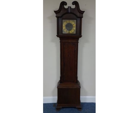 AN OAK AND MAHOGANY THIRTY HOUR LONG CASE CLOCK, swan neck hood on reeded column supports either side of door to 10' square b