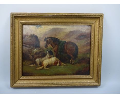 ROBERT CLEMINSON (active 1865-1903), a horse with blanket on back and dogs resting by water trough in mountainous landscape, 