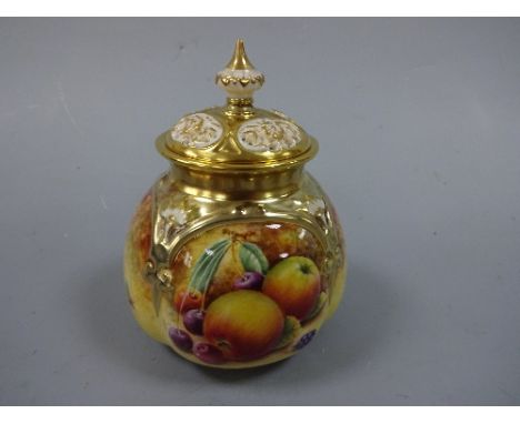 A ROYAL WORCESTER BULBOUS POT POURRI VASE AND COVER, hand painted with peaches, blackberries, apples and cherries to mossy ba