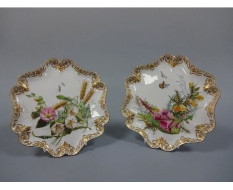 A PAIR OF COALPORT CABINET PLATES, with hand painted floral, ear of corn and butterfly decoration to white ground, having sca