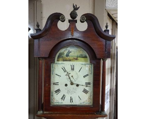 AN OAK AND MAHOGANY EIGHT DAY LONG CASE CLOCK, shaped panel door with half bobbin pilasters either side and beaded borders ab