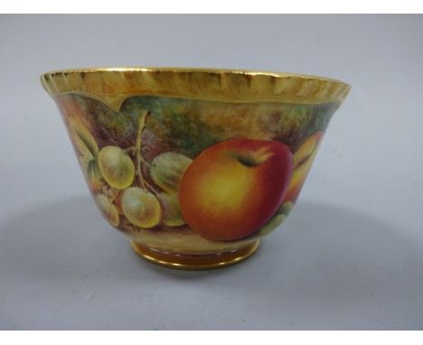 A ROYAL WORCESTER SUGAR BOWL, hand painted with apples and gooseberries to mossy bank, gilt shaped rim, foot and interior, si