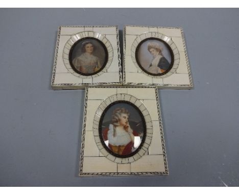 THREE PORTRAIT MINIATURES, depicting 18th Century ladies, the oval portraits mounted in rectangular segmented bone frames, Mr