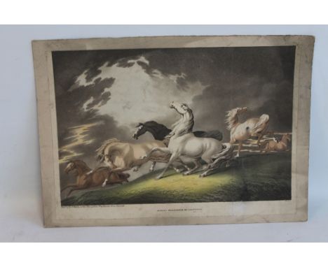 HOWITT - A COLOURED STIPPLE ENGRAVING entitled "Horses Frightened By Lightening", published by R. J. Hixon at his Cheap Print