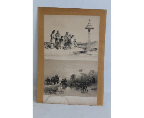 J. D. HARDING LITHOGRAPH - 'RETURN FROM A WILD BOAR HUNT' drawn by The Hon. Charles Hardinge, laid down with another lithogra