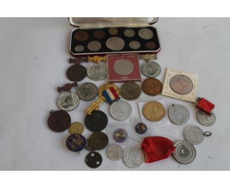 A 1953 SPECIMEN COIN SET IN FITTED CASE, together with various coins, medals, and tokens, to include two Victorian Bilston ty