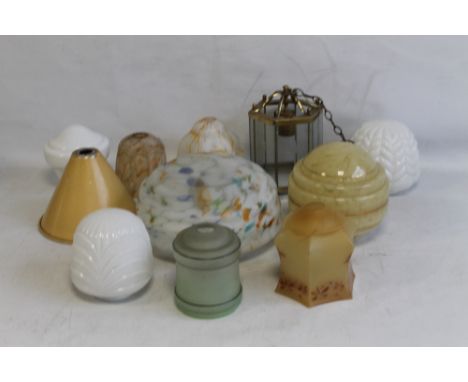 NINE 1930S/1940S GLASS LAMP SHADES, together with a metal lamp shade and a modern brass/glass ceiling light