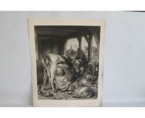 SAMUEL COUSINS MEZZOTINT AFTER EDWIN LANDSEER - A FARM SCENE WITH MILKMAID WATCHING A MAGPIE, signed in pencil, print area 72