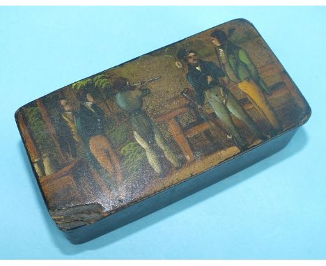 A Victorian papier-mâché snuff box, the lid decorated with gentleman at their shooting club, 8.5cm long.