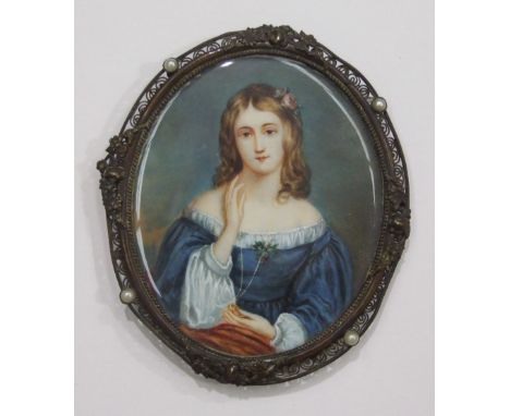 J Watt  "CATHERINE GORDON" WEARING A BLUE DRESS WITH CORSAGE AND FLOWERS IN HER HAIR Miniature, oval, in a pierced metal fram