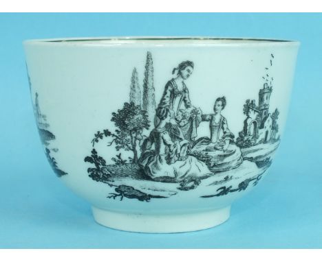 An 18th century first period Worcester bowl printed with Hancock scenes of figures amidst ruins, and others, c1770, 10cm diam