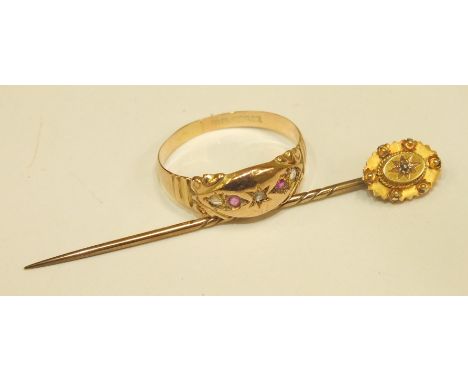 A 9ct gold gipsy ring set two rubies and three rose cut diamonds, size S, 1.8g and a 15ct gold stick pin set a rose cut diamo