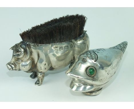 A silver novelty nib brush in the form of a pig, maker W J Myatt & Co, Birmingham, 1905, 6.8cm long, and a Victorian silver n