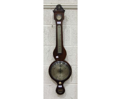 A 19th century mahogany-framed wheel barometer with 8" silvered dial and separate thermometer, the spirit level signed Denne,