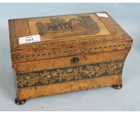 A Tunbridgeware walnut and marquetry sarcophagus-shaped two-division tea caddy, the rectangular top depicting Muckross Abbey 