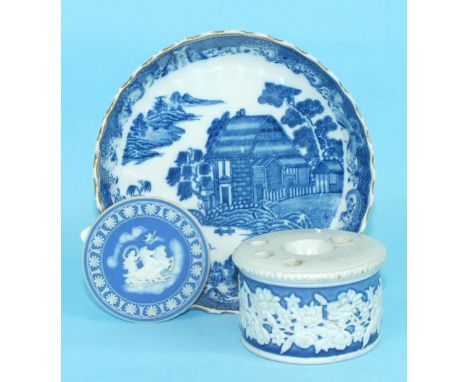 A 19th century small Wedgwood jasper circular plaque with Aurora on a chariot in clouds, impressed mark, 5.7cm, a circular st