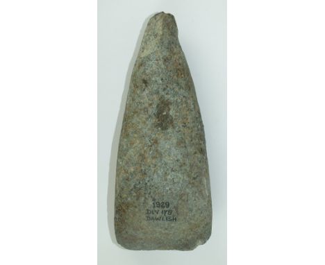 An ancient green stone axe-head, 16cm long x 7cm maximum, (Thought to date from 4000-2000BC and excavated at Dawlish in 1929)