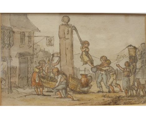Style of Rowlandson CHILDREN AND FIGURE AROUND THE VILLAGE WATER PUMP Watercolour sketch, 10.5 x 18cm and a companion, THE KN