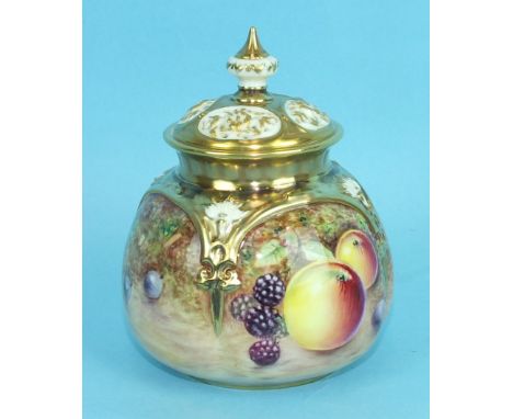 A Royal Worcester pot pourri vase and cover, hand painted with fruit, signed A Badham, 12cm high, shape H175, printed factory