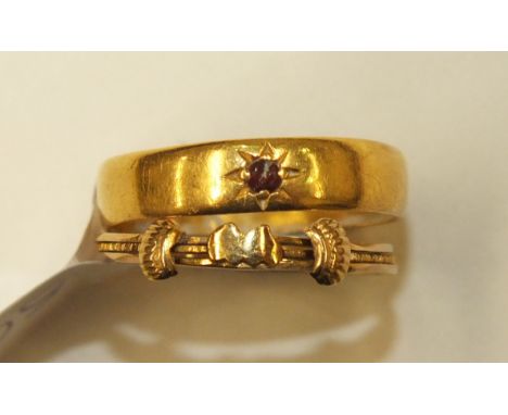 An unmarked yellow metal Claddagh-style ring composed of three rings joined by a pin, size H, 1g and a 22ct gold ring, size K