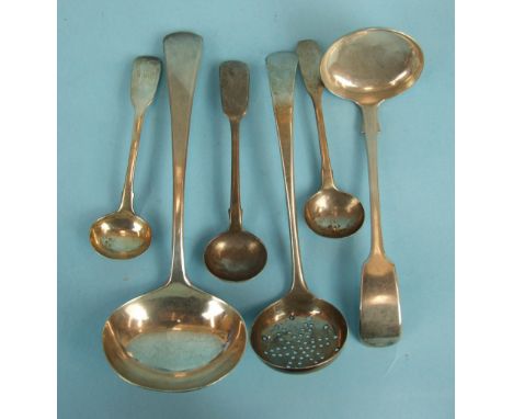 A George III Old English pattern sauce ladle, London, 1810, a Georgian sifter spoon and three Exeter silver salt spoons,___4o